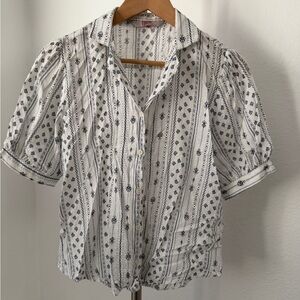Women's White Button-Front Shirt with Navy Print